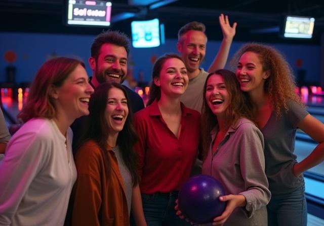 Ein Team jubelt während eines Firmenevents auf der Bowlingbahn